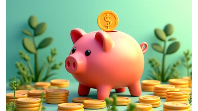 Piggy bank with growing stack of coins